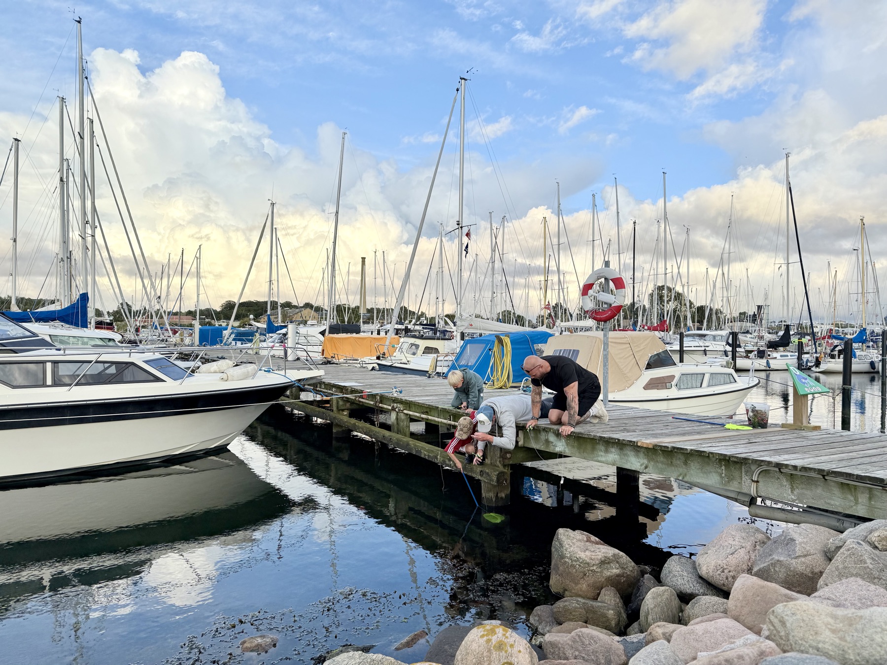 Familie fisker krabber fra broen mellem bådene i Assens Marina